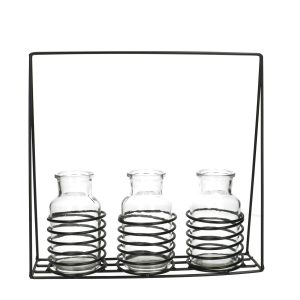 Glas Swirl 3fles transparant in metalen houder zwart