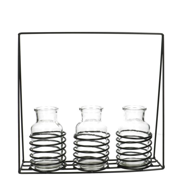 Glas Swirl 3fles transparant in metalen houder zwart