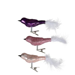 Glazen Birds clipjes x3 | 8cm | roze