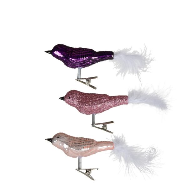 Glazen Birds clipjes x3 | 8cm | roze