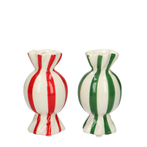 Set van twee keramieken snoep vaasjes in een groene (strepen) en rode (strepen) afwerking.