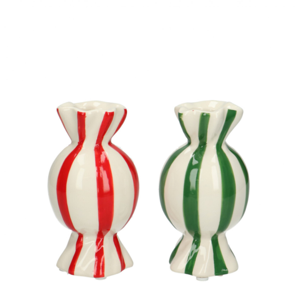 Keramiek Candy vaas x2 d6*11.5cm Set van twee keramieken snoep vaasjes in een groene (strepen) en rode (strepen) afwerking.