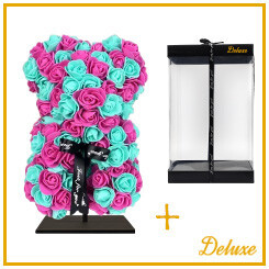 Rozen Beer deluxe + standaard | 25cm | Blauw/ roze