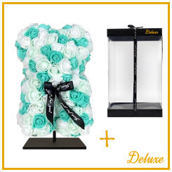Rozen Beer deluxe + standaard | 25cm | Turquoise/ wit