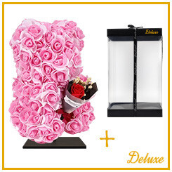 4401404_2D_0001 Rozen Beer+boeket deluxe + standaard | 25cm | Roze/wit